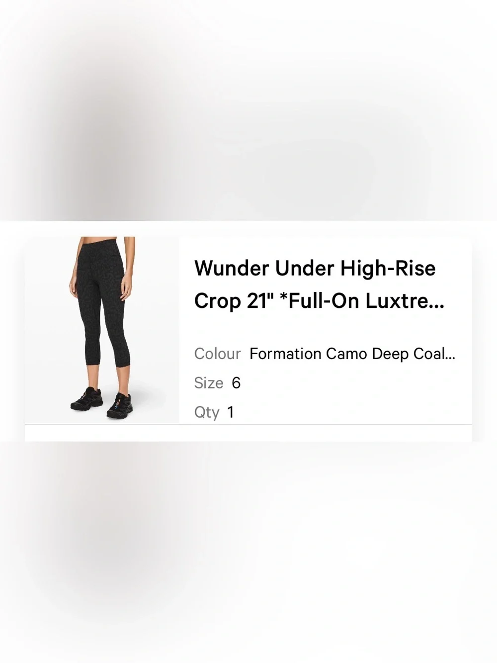 Lululemon Wunder Under 21” crop legging. Gray/Coal Camo print size 6